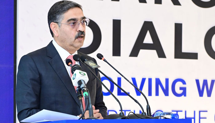 Former Interim PM Anwaar-ul-Haq Kakar speaks to the audience of the Margalla Dialogue on November 15, 2023. — X@PakPMO