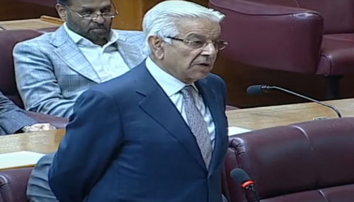 Defence Minister Khawaja Muhammad Asif speaks on the floor of the National Assembly in Islamabad, December 10, 2023. — Screengrab via YouTube@GeoNews