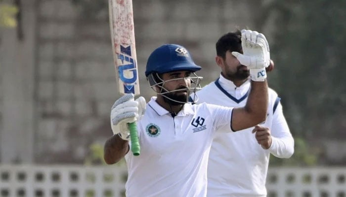 Ghani Glass Tayyab Tahir celebrates a scoring a century in the second-round match of President Trophy Grade-I against Eshaal Associates on January 14, 2025. — PCB