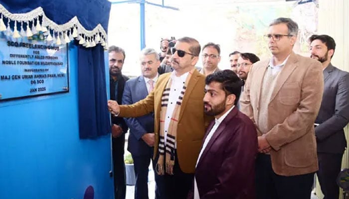 Major General Umar Ahmad Shah, Director General SCO inaugurating the Freelancing Hub for differently abled persons at Noble Foundation in Muzaffarabad on January 14, 2025.— Facebook@officialHQSCO