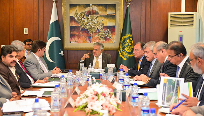 Chief Minister Sindh Syed Murad Ali Shah called on the Deputy Prime Minister and Foreign Minister Senator Mohammad Ishaq Dar, in Islamabad on January 15, 2025.— PID