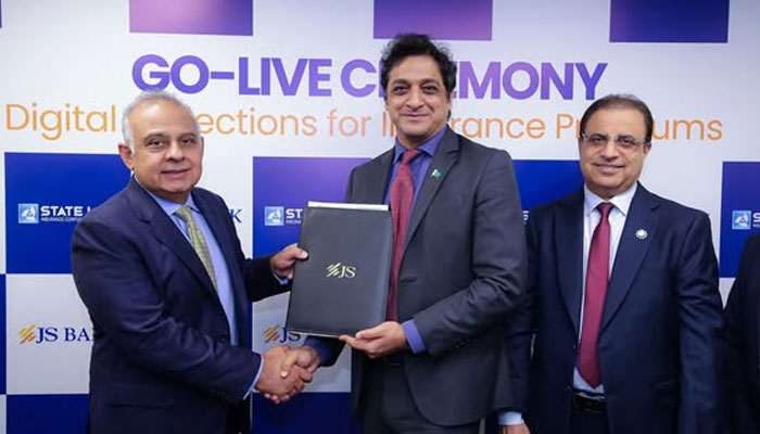 ( from left to right) Basir Shamsie, President & CEO of JS Bank, Shoaib Javed Hussain, CEO of SLIC and Syed Jafar Raza, Group Head - Investment, International & Transaction Banking of JS Bank, January 16, 2025. — Facebook@JSBankLtd