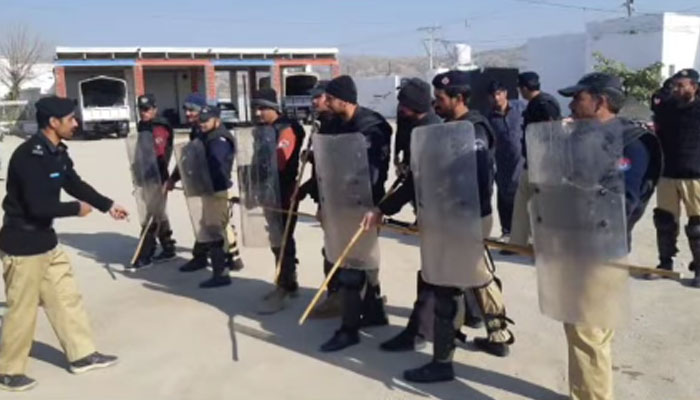 The anti-riot police force conduct a mock exercise at the police lines in Karak district on January 15, 2025. — Facebook@karakpolicekpk/Screengrab