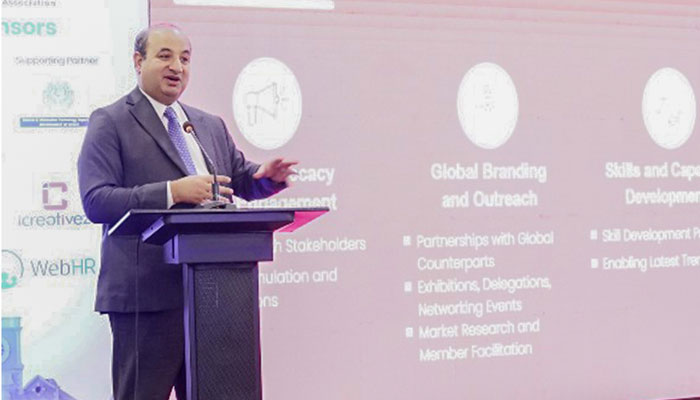 Sajjad Mustafa Syed, chairperson of the Pakistan Software Houses Association (P@SHA) is seen addressing an event in Hyderabad on January 9, 2025. — Facebook@pakict