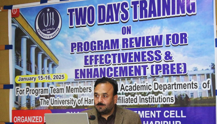 A speaker seen at the training titled “Programme Review for Effectiveness and Enhancement (PREE)”at the University of Haripur on January 17, 2025.— Facebook@uoh.edu.pk