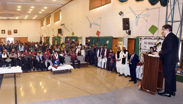 Sindh Chief Minister Murad Ali Shah addresses the Cultural Day celebrations at St. Patrick’s High School, his alma mater on January 18th, 2025. — Facebook@SindhCMHouse