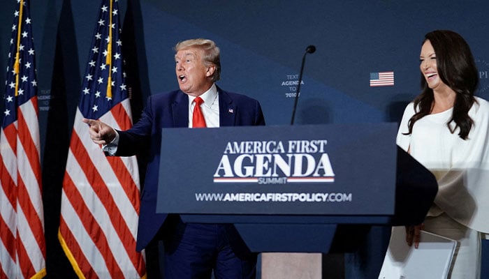 US President-elect Donald Trump (left) pictured with Brooke Rollins at the America First Policy Institute America First Agenda Summit in Washington, US on July 26, 2022. — Reuters