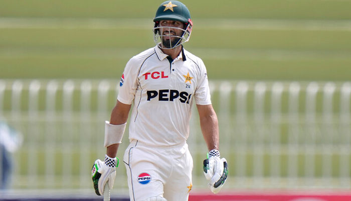 Pakistans Shan Masood reacts after his dismissal during the fifth day of first cricket test match between Pakistan and Bangladesh, in Rawalpindi, Pakistan, on August 25, 2024. — Reuters