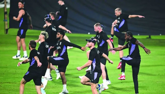 England’s captain Jos Buttler (centre) with other teammates attend a practice session ahead of their first Twenty20 international against India at the Eden Gardens in Kolkata on Monday, January 20, 2024. —AFP