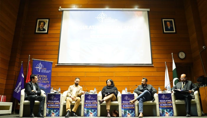 Speakers seen at the stage amid a panel discussion on ‘Regulating Digital Space in Pakistan: The Way Forward’ at TMUC on January 20, 2025.— Facebook@claspk