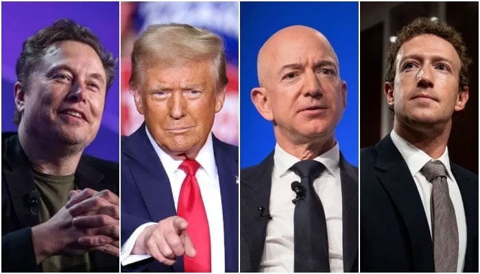 (From left) A combination of images of Tesla CEO Elon Musk, US President Donald Trump, Amazon CEO Jeff Bezos and Meta CEO Mark Zuckerberg. — AFP/File