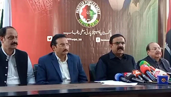 PPP Central Punjab General Secretary Syed Hassan Murtaza (2nd right) addresses a press conference on November 29, 2024. — Screengrab via Facebook@HassanMurtaza