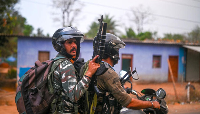 Central Reserve Police Force personnel patrol Dantewada district in Chhattisgarh on April 16, 2024.— AFP/File