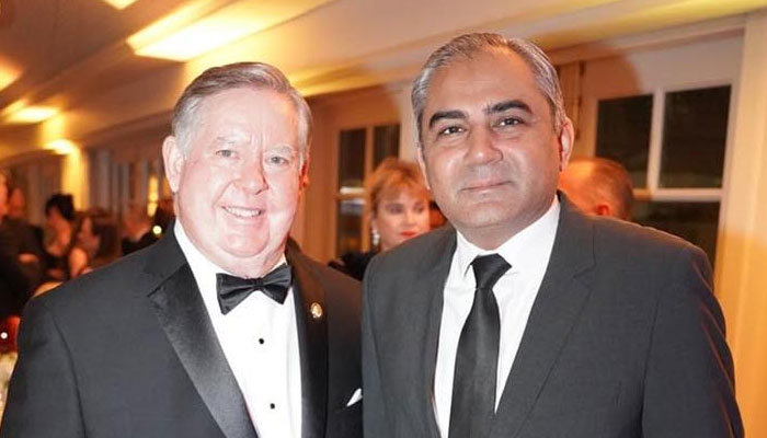 Federal Minister for Interior Mohsin Naqvi in a meeting with Member of US Congress Ken Calvert during a special dinner reception at the Lincoln Liberty Hall on January 21, 2025. — APP