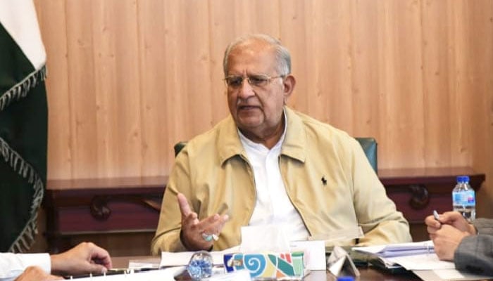Minister for Housing and Works Riaz Hussain Pirzada chairs a meeting in this undated image. — Ministry of Housing and Works website/File