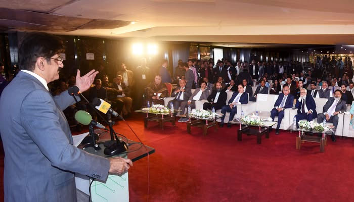 Sindh Chief Minister Syed Murad Ali Shah speaks at the 4th Research & Technology Showcase 2025, organised by the Sindh Higher Education Commission (Sindh HEC) at Expo Center on January 23rd, 2025.— Facebook@SindhCMHouse