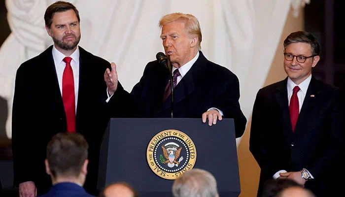 US Vice President JD Vance (left) President Donald Trump, and US House Speaker Mike Johnson, a Republican from Louisiana, during the 60th presidential inauguration in Emancipation Hall of the US Capitol in Washington, DC, US, on Monday, January 20, 2025. — Reuters