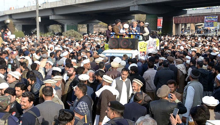 Government employees block a road as they are holding a protest demonstration for acceptance of their demands outside the Provincial Assembly building in Peshawar on January 22, 2025. — PPI