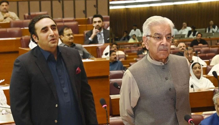 PPP Chairman Bilawal Bhutto-Zardar (left) and Defence Minister Khawaja Asif addressing the National Assembly on June 23, 2023. — National Assembly