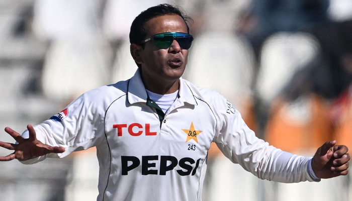 Pakistans Noman Ali reacts after a delivery during the first day of the second Test cricket match between Pakistan and West Indies at the Multan Cricket Stadium in Multan on January 25, 2025. — AFP