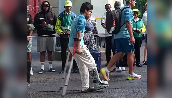 Saim Ayub walking with plastered leg after suffering ankle injury during the first day of the second Test match between South Africa and Pakistan at Newlands stadium in Cape Town on January 3, 2025. — YouTube/Geo News/Screngrab