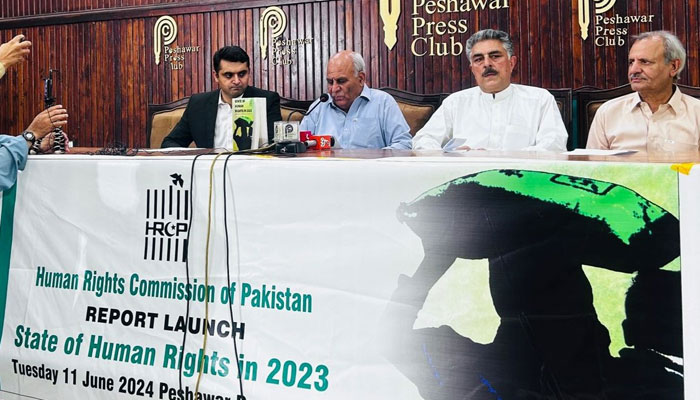A press conference held at the Peshawar Press Club by Human Rights Commission of Pakistan (HRCP) on June 11, 2024. — X@HRCP87