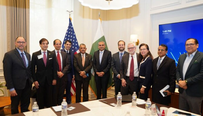 Federal Interior Minister Mohsin Naqvi (centre) seen with a high-level delegation of the US-Pakistan Business Council.— APP/File