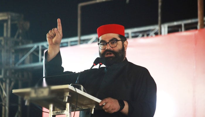 Awami National Party (ANP) Central President Aimal Wali Khan addresses a public meeting at the Jinnah Ground in Karachi on January 26, 2025. — Facebook@AimalKWali