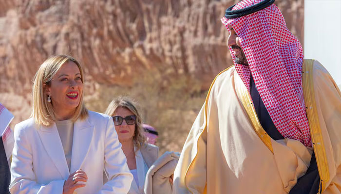 Saudi Crown Prince Mohammed bin Salman and Italian Prime Minister Giorgia Meloni seen on January 26, 2025.— AFP