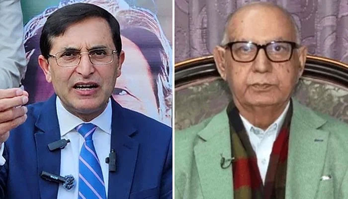 Pakistan Tehreek-e-Insaf Chairman Barrister Gohar Ali Khan and Pakistan Muslim League-Nawaz Senator Irfan Siddiqui. — Reuters/APP/File