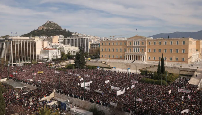 The large demonstration outside parliament in Greeces capital, Athens. — Reuters/File