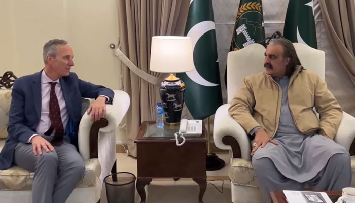 KP Chief Minister Ali Amin Gandapur (right) in a meeting with Vice-President World Bank for South Asia Martin Raiser (left) at Pakhtunkhwa House in Islamabad on January 26, 2025. — Screengrab via Facebook@AliAminKhanGandaporPTI