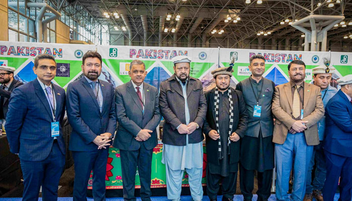 Gilgit-Baltistan Chief Minister Gulbar Khan (4th left) in a group photo during the New York Travel and Adventure Show 2025 on January 26, 2025. — Facebook@ptdc.pk