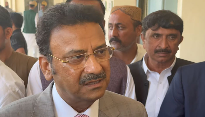 Sindh Home Minister Ziaul Hassan Lanjar talks to the media outside the Sindh Assembly on  January 27, 2025. — Screengrab via Facebook@Minister for Home and Law Sindh