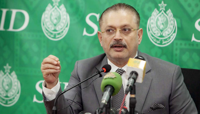 Sindh Information Minister Sharjeel Memon addresses media persons during a press conference in Karachi on January 27, 2025. — PPI