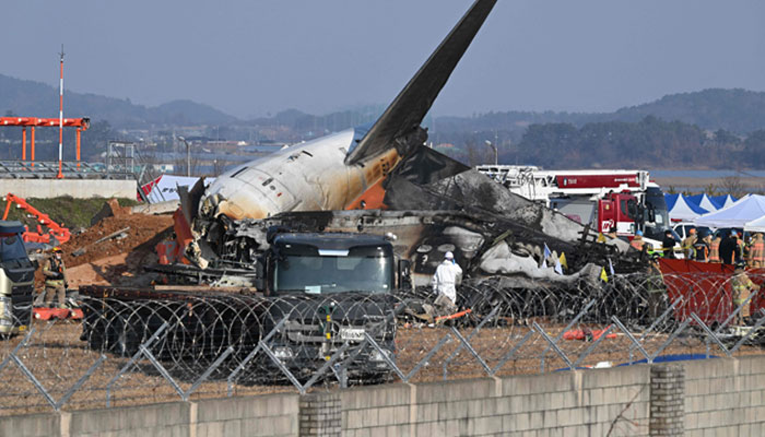 Fire fighters and rescue personnel work near the wreckage of a Jeju Air Boeing 737-800 series aircraft after it crashed some 288 kilometres southwest of Seoul, on December 29, 2024. — AFP
