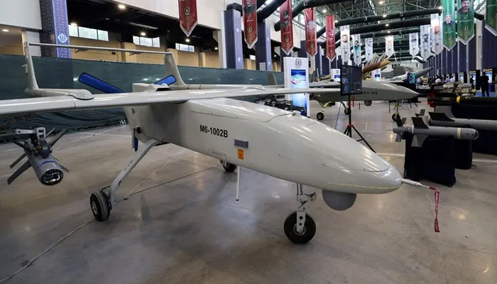 The Mohajer 6 drone is displayed during Irans defence industry achievements exhibition, on August 23, 2023 in Tehran. — AFP