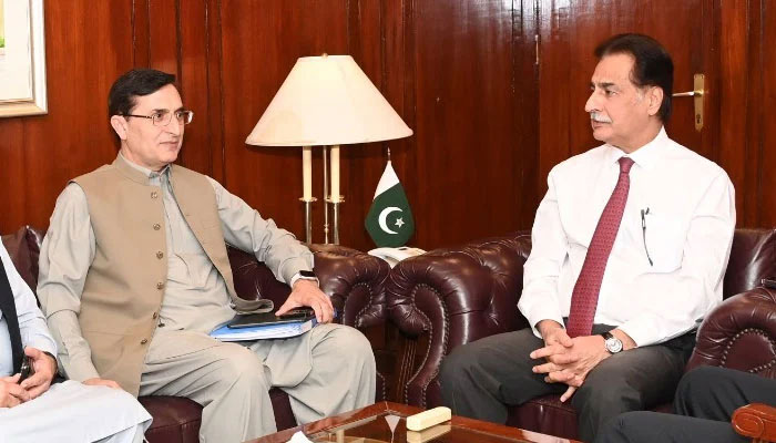 PTI Chairman Barrister Gohar Ali Khan and NA Speaker Ayaz Sadiq pictured during a meeting in this undated image. — X@NAofPakistan/File