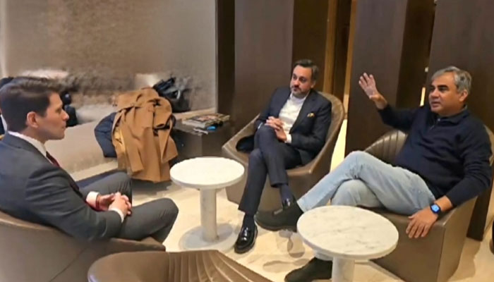 Pakistan Cricket Board (PCB) Chairman Mohsin Naqvi (right) is seen in a meeting with USA Cricket CEO Johnathan Atkeison (left) on January 28, 2025. — PCB website/File