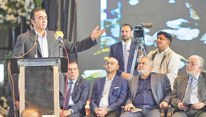 Pakistan Peoples Party (PPP) Chairman Bilawal Bhutto Zardari addresses a reception for Karachi’s business community on January 28, 2025. — The News Print Edition/Shoaib Ahmed