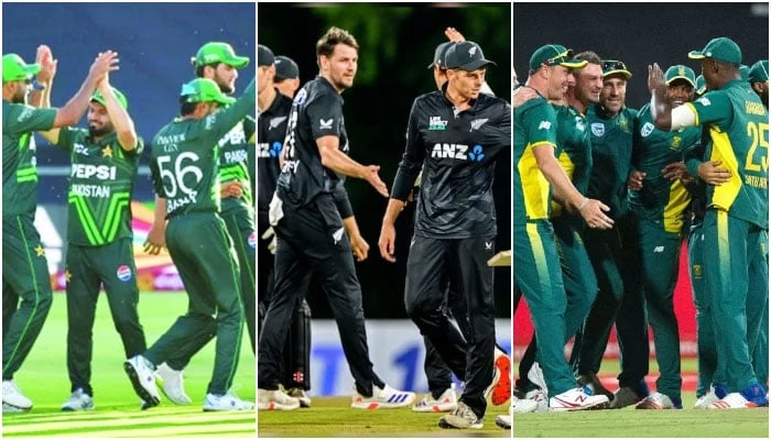 A collage of Pakistan, New Zealand and South Africa teams. — AFP/File