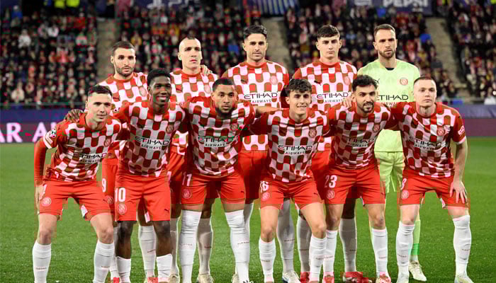 Girona´s team players pose prior the UEFA Champions League, league phase football match between Girona FC and Arsenal FC at the Montilivi stadium in Girona on January 29, 2025. — AFP