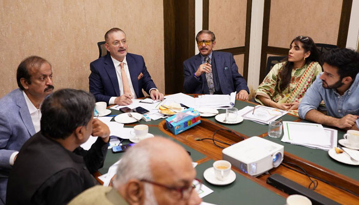 Sindh’s Senior Minister and Minister for Information, Transport, and Mass Transit Sharjeel Inam Memon (centre) chairs a high-level meeting of the Content and Production Oversight Board in Karachi on January 29, 2025. — Facebook@SharjeelInamMemon63