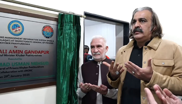 Chief Minister Ali Amin Gandapur inaugurates the newly established Prison Management Information System (PMIS) and E-Visit App during his visit to the office of the Inspector General of Prisons in Peshawar on January 29, 2025. — Screengrab via Facebook@AliAminKhanGandaporPTI