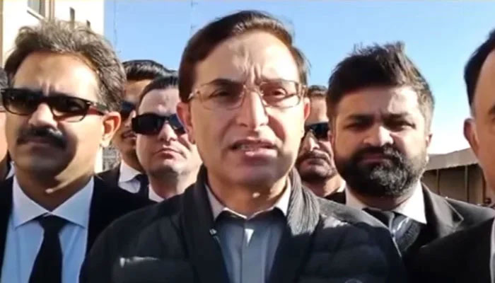 PTI Chairman Gohar Khan talks to the media outside the Judicial Complex on January 25, 2025. — AFP