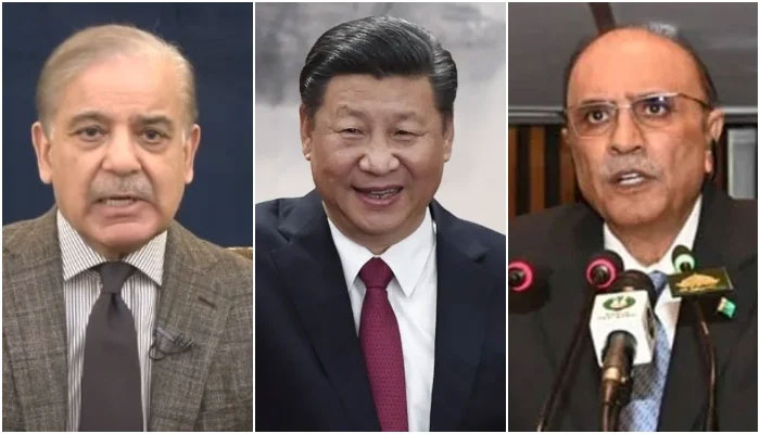 (From left to right) PM Shehbaz Sharif, Chinese President Xi Jinping and President Asif Ali Zardari. — Geo News/AFP/National Assembly /File