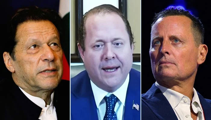 (From left to right): Former prime minister Imran Khan, Texas hedge fund manager Gentry Beach and Trumps aide Richard Grenell. — Reuters/GeoNews/Screengrab