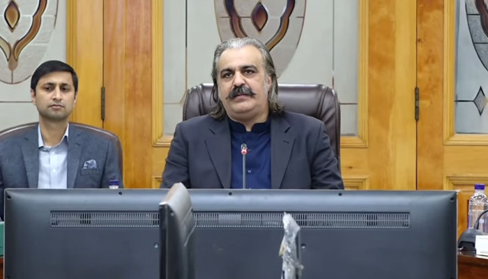 Chief Minister Ali Amin Khan Gandapur (right) chairs a meeting on January 30, 2025. — Screengrab via Facebook@AliAminKhanGandaporPTI