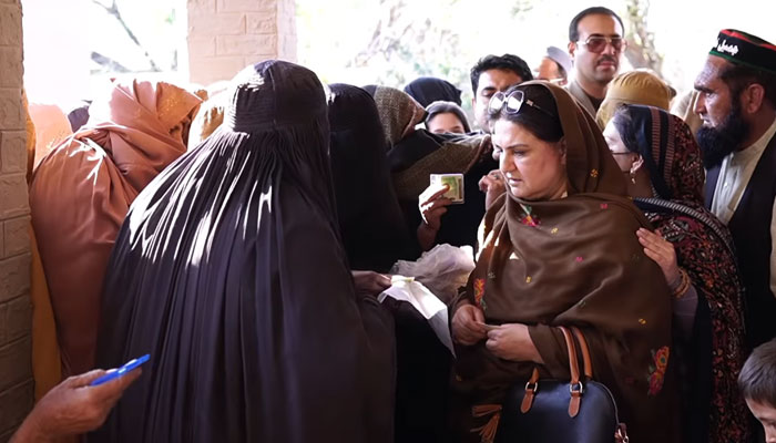 Benazir Income Support Programme (BISP) Chairperson Rubina Khalid (right) talks to the women and listens to their problems during a visit to the BISP centre in Jamrud on January 30, 2025. — Facebook@officialbisp