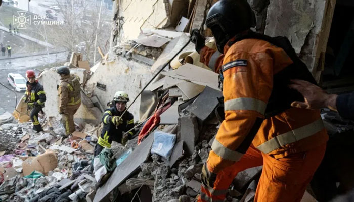 Rescuers work at a site of an apartment building damaged in a Russian drone attack in Sumy, Ukraine, January 30, 2025. — Reuters